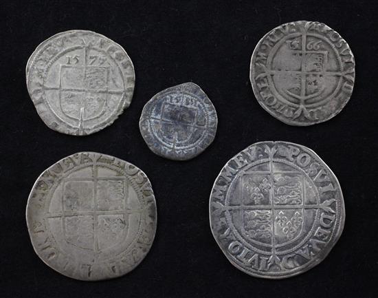 Five Queen Elizabeth I silver coins, mostly worn